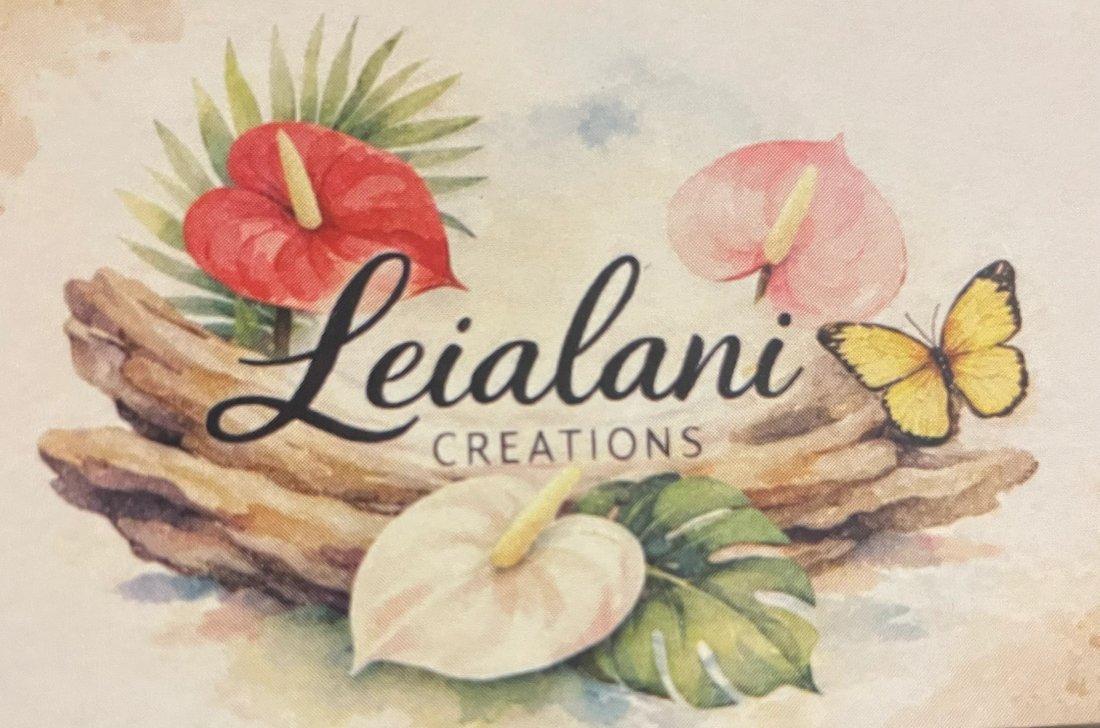 Leialani Creations artwork with tropical flowers and a butterfly