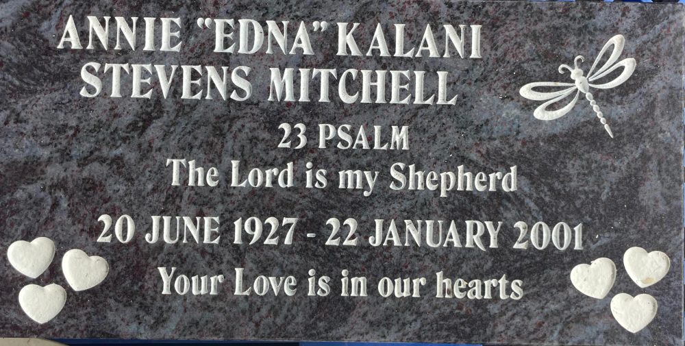 Annie Edna Kalani Stevens Mitchell memorial inscription with hearts and a dragonfly